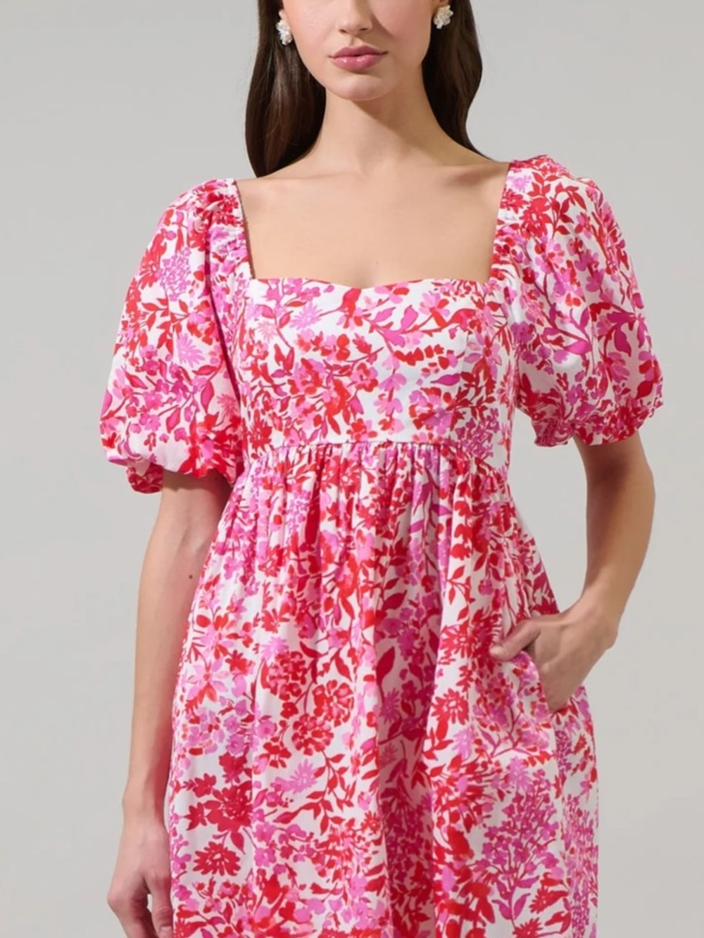 Sugarliips Red And Pink Floral Samia Smocked Square-Neck Puff Sleeve Dress XS